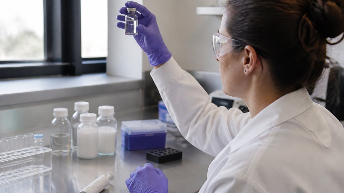 A researcher in a lab coat and gloves holding a clear glass vial up to the light, inspecting a dissolved peptide solution on a clean laboratory bench with a pipette and buffer bottles nearby