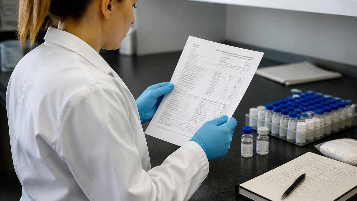 A laboratory researcher in a white coat reviewing a printed Certificate of Analysis at a lab bench, with vials and a notebook visible in the background