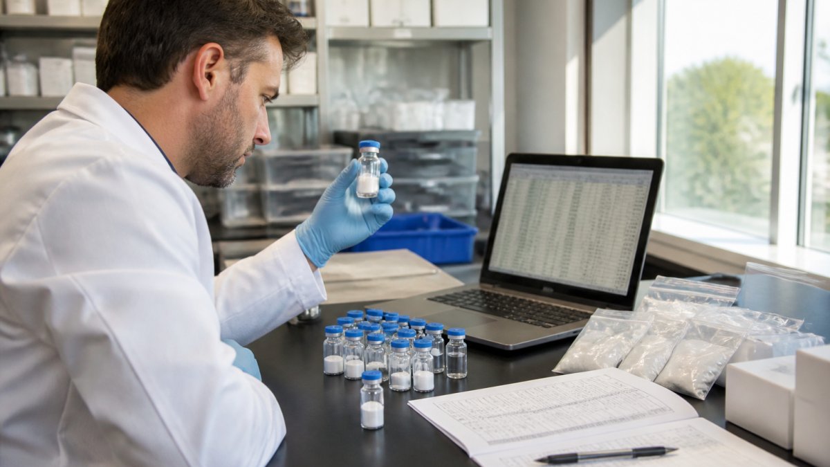 Laboratory researcher examining multiple vials of peptides on a workbench with documentation and a laptop showing pricing spreadsheets in natural daylight