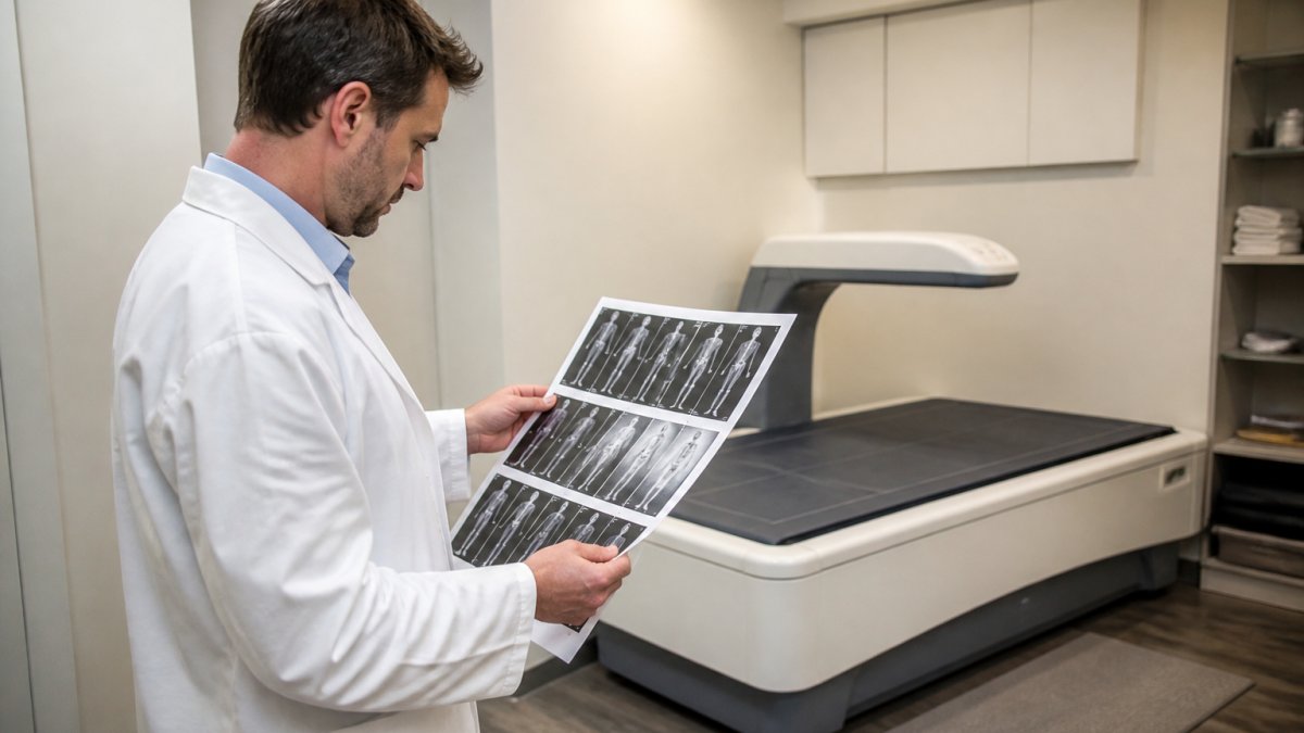 A researcher in a lab coat reviewing body-composition scan printouts beside a DEXA machine in a clean clinical room, soft overhead lighting
