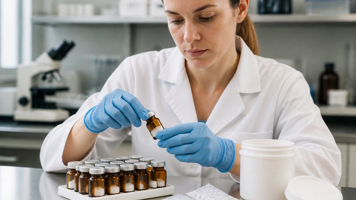 Researcher sealing amber vials to store research peptides properly in a lab