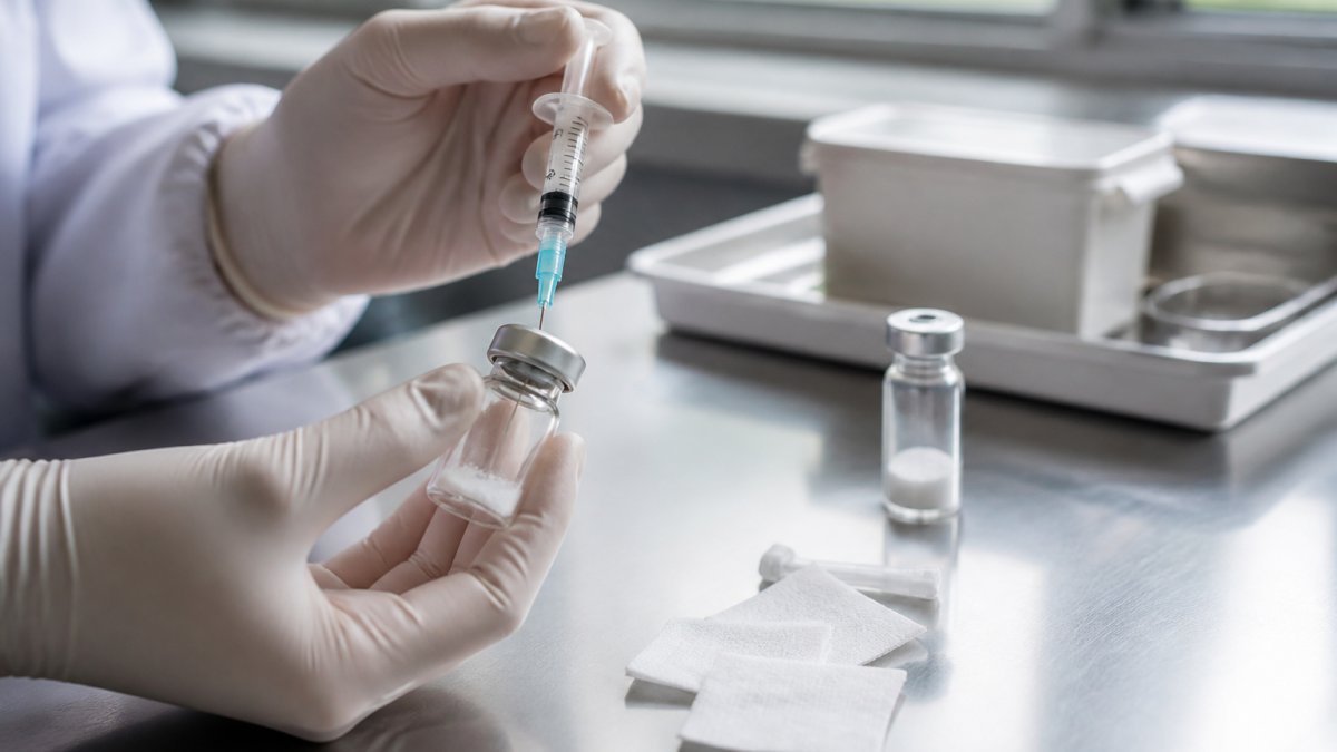Close-up of gloved hands holding a small glass vial and syringe at a clean laboratory bench, with alcohol swabs and a second vial nearby, soft daylight from a window