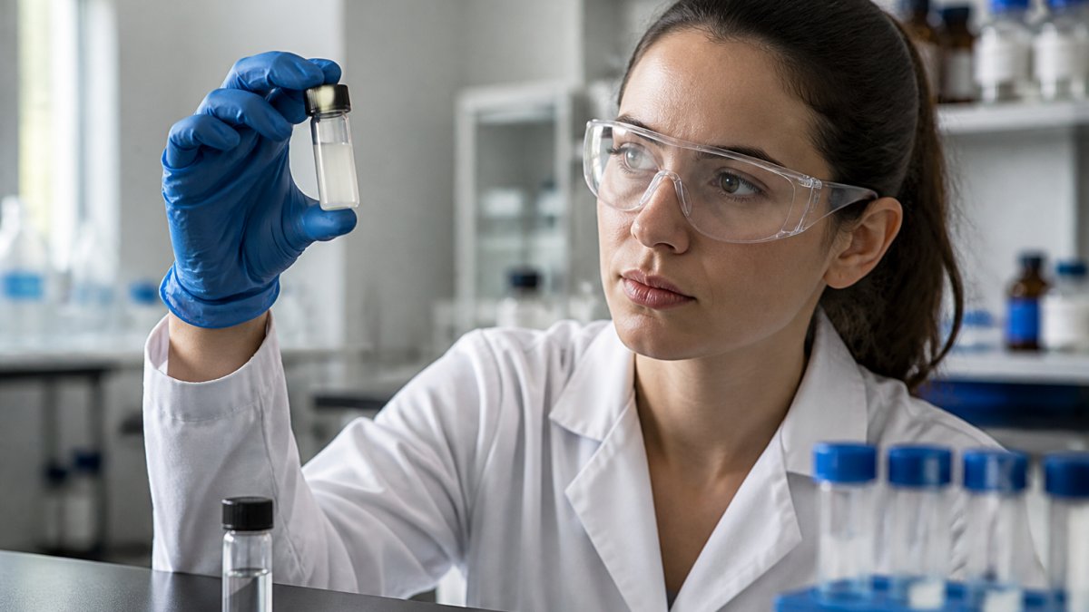 A researcher in a lab coat holding a vial of cloudy peptide solution up to the light, with a clean vial of clear solution on the bench beside it